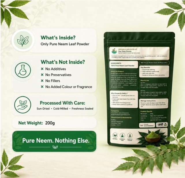 Image of Neem Powder Pack of 2 (200g Each), 100% Pure Neem Leaf, Azadirachta Indica for Face Pack, Skin Care, Hair Growth, Dandruff & Internal Consumption, Traditional Household Uses, Ayurvedic Vembu (Pack of 2)