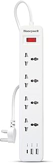 Honeywell 4 Outlet Extension Board with Master Switch, 6 Amps, 250V, 1xType C & 2xUSB, 4 International Sockets, Pure Coppe Price In India