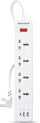 Honeywell 4 Outlet Extension Board with Master Switch, 6 Amps, 250V, 1xType C &amp; 2xUSB, 4 International Sockets, Pure Coppe...
