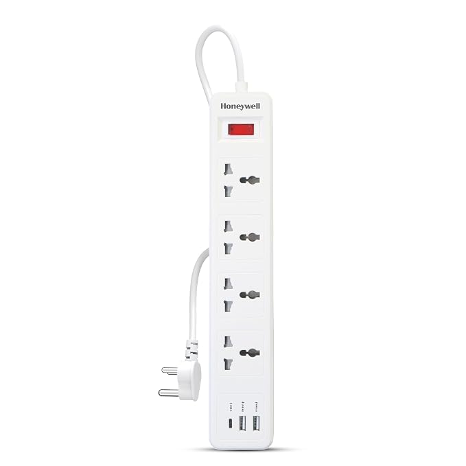 Honeywell 4 Outlet Extension Board with Master Switch, 6 Amps, 250V, 1xType C & 2xUSB, 4 International Sockets, Pure Copper, 6 Advanced Safety Features, 2 Mtr Power Cord, BIS Certified, 1 yr Warranty