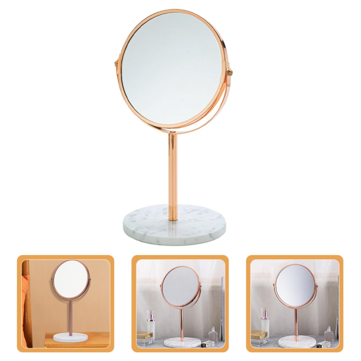 Espejo de Maquillaje de Sobremesa, Espejo de Tocador, Aumento 2X, Reflejo Claro, Mármol y Metal, para Tocadores y Cómodas de Dormitorio