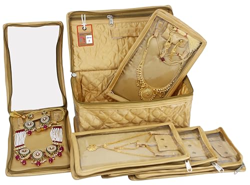 atorakushon Set of 5 Satin Makeup Pouches Cosmetic Necklace Earrings Vanity Jewellery Organizer For Womens (Golden)