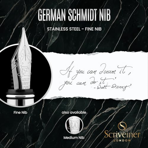 Image of Scriveiner Black Green Fountain Pen - Stunning Luxury Pen with Chrome Finish, Schmidt Nib (Fine), Best Pen Gift Set for Men & Women, Professional, Executive, Office, Nice Pens