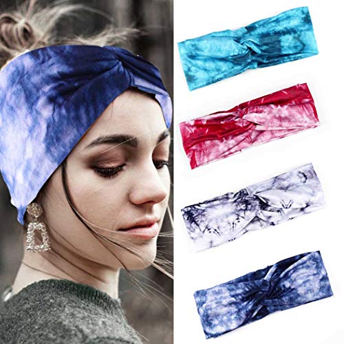 PROTUSTER Boho Tie Dye Headbands Criss Cross Floal Twist Hair Bands Vintage Stylish Elastic Head Wraps Turban Fabric Hairbands Fashion Hair Accessories for Women(Pack of 4)