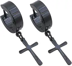 BRINCO MASCULINO ARGOLA 4 mm COM CRUZ PRETO (PAR)