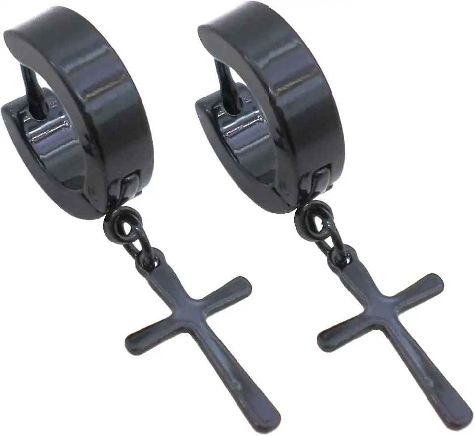 BRINCO MASCULINO ARGOLA 4 mm COM CRUZ PRETO (PAR)