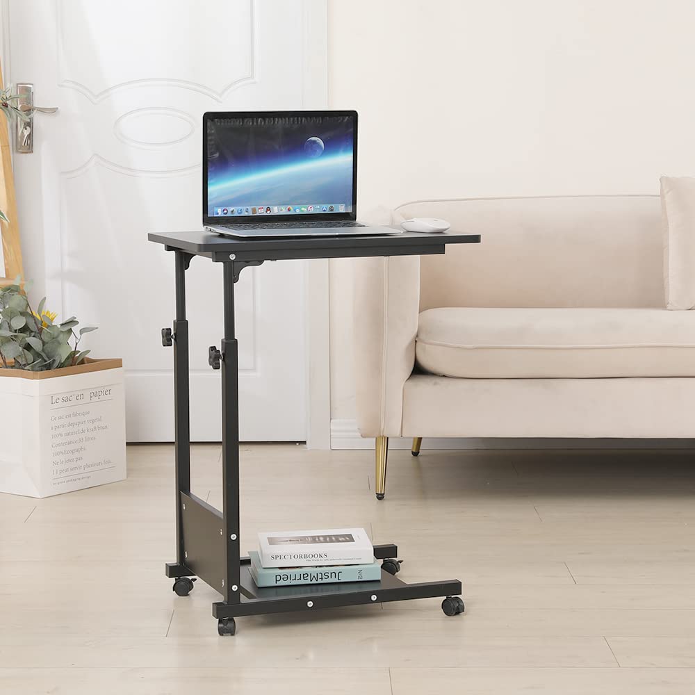 HUOLE Tavolino a forma di C, punta del divano con ruote, tavolo da letto con tasca, tavolo per computer portatile, telaio in metallo, max 15 kg, 56,5 x 37 x 95 cm, nero