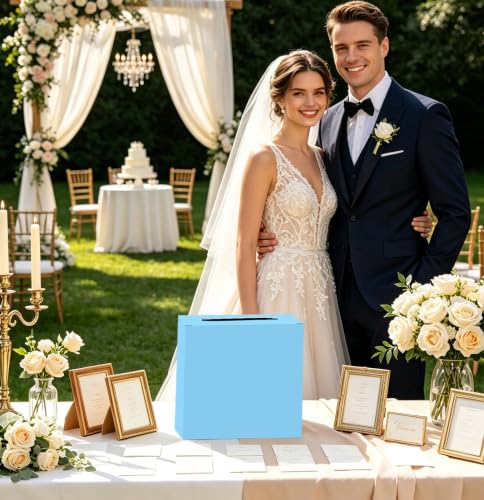 Image of SietDESEO Light Blue Card Box for Graduation Large Cardboard Gift Card Box Holder for Wedding Reception Birthday Graduation Baby Shower Raffle Ticket Box with Slot