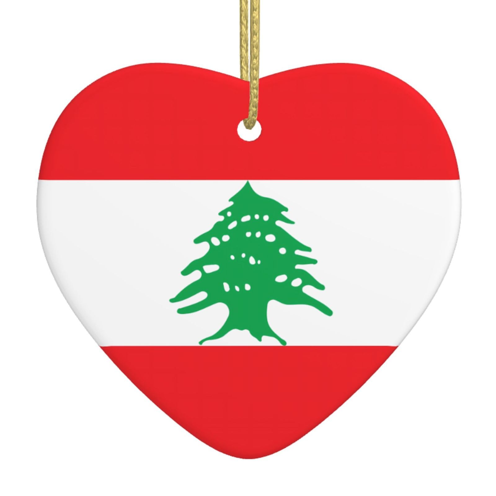 Flag of Lebanon Ceramic Christmas Heart Pendant with Silk Thread, Christmas Tree Home Decoration