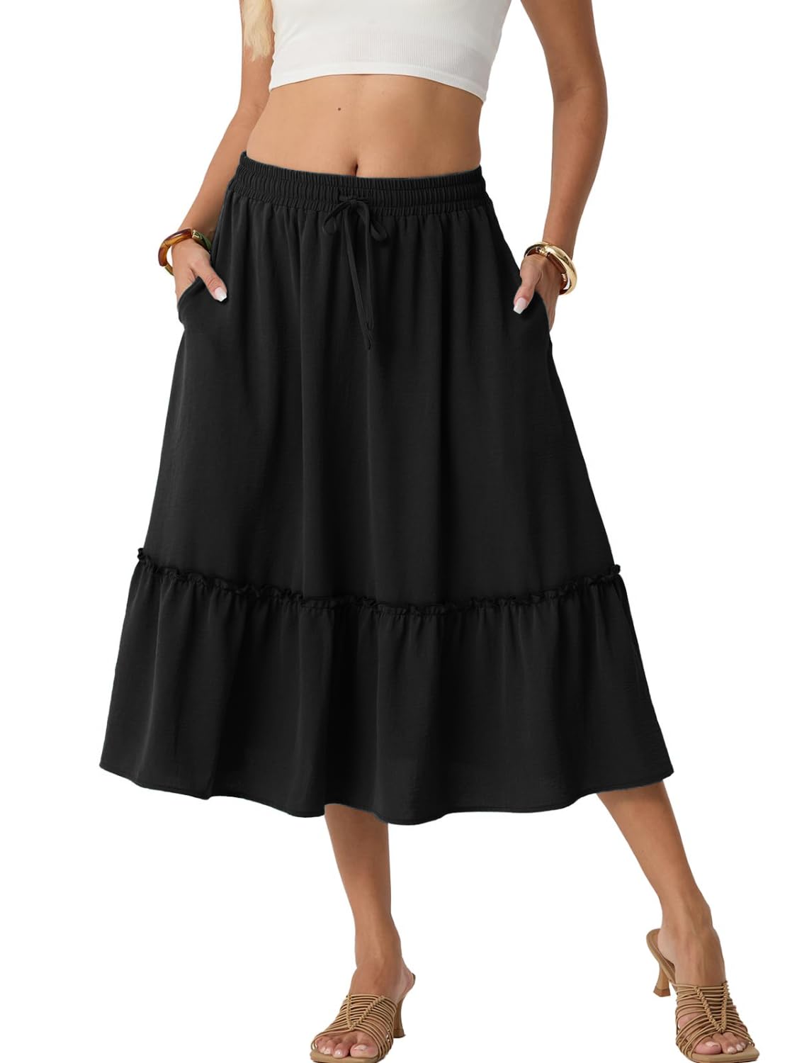 PrinStory Rock Damen Sommer Lang Sommerrock Hohe Taille Midirock mit Taschen Kordelzug Leicht Luftig Skirt