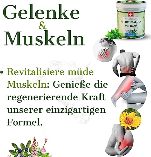 SwissMedicus Pferdebalsam mit Hanf - Kühlende Wirkung für Muskeln & Gelenke - gel mit 25 natürlichen Extrakten - Ideal für Sportler - Alltäglicher Gebrauch - Tiefenwirksame Formel 5