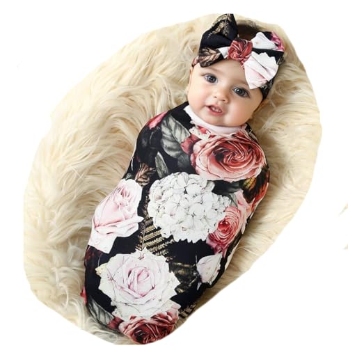 Image of Galabloomer Newborn Receiving Blanket Headband Set Baby Flower Swaddle