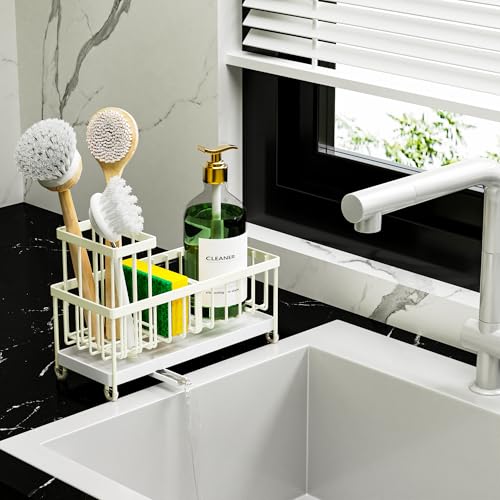 Image of Cisily Sponge Holder for Kitchen Sink, Sink Caddy Organizer with High Brush Holder, Kitchen Countertop Organizers and Storage Essentials, Rustproof 304 Stainless Steel (Cream, 9.25″)