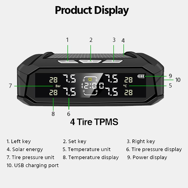 Tpms Sensore for auto 8 Bar Sistema intelligente for autocarro con orologio elettronico for auto Sistema intelligente automatico Display a energia solare Pressione Pneumatici(K10-External Sensors)