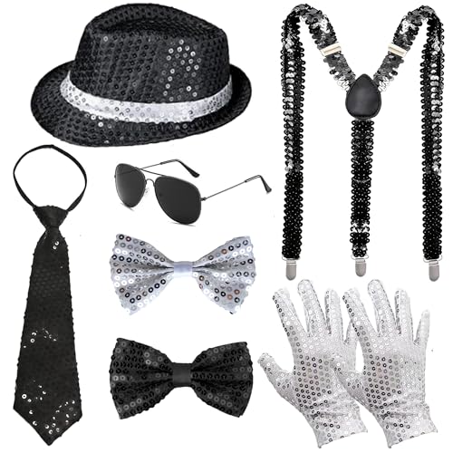 MEDOJO 70s 80s Disco Outfits Dance Star Costume 70s 80s Pop Stage Gloves Fedora Hat Sunglass Tie for Cosplay Party Halloween Black