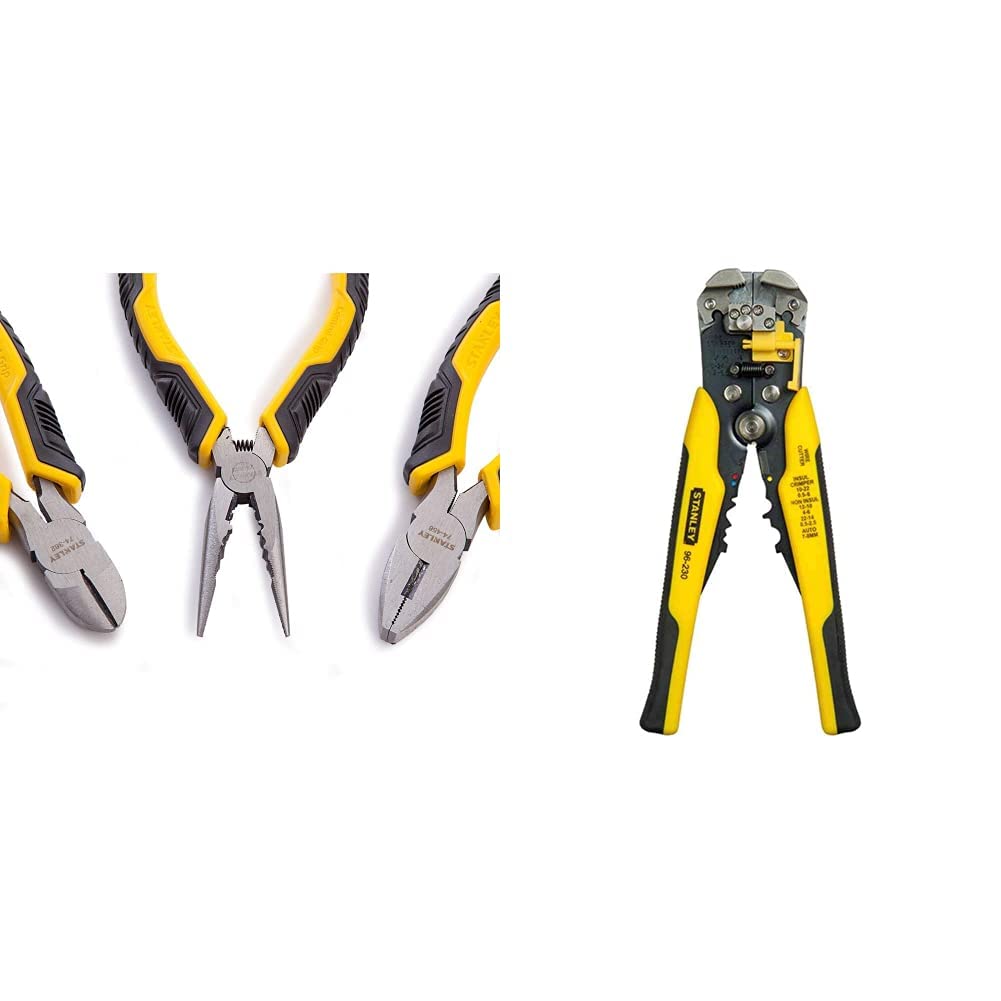 Stanley Juego Alicates Control Grip. Universal + corte diagonal + boca larga STHT0-75094, negro, amarillo, talla única & Pelacables automático FATMAX FMHT0-96230