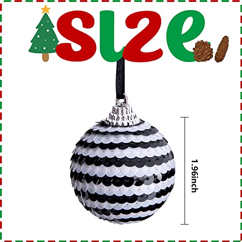 12Pcs Black And White Sequin Balls ,1.96" Christmas Buffalo Plaid Hanging Balls,Shatterproof Xmas Checkered Tree Ornaments For Party Home Decor #TOP1