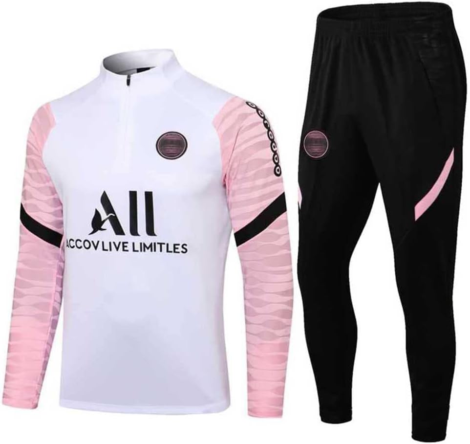 Paris Jersey Training Suit Long Sleeve Jacket Spring and Autumn Jacket Tracksuit Football Uniform Customized PSG Men Women, White Pink, M-Medium