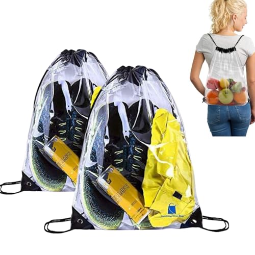 Lot de 2 sacs à cordon de serrage transparents pour le sport, l'école, les voyages et les festivals, sac de gym étanche, idéal pour la plage et les activités de loisirs