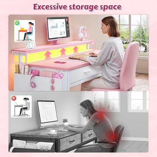 Image of DurayLoly 39.4Inch Office Computer Desk with LED Lights & 2 Fabric Drawers, Gaming Desk with Side Pocket & Ergonomic Monitor Stand, Small Space Study Writing Table with Anti-Tip Design,Pink