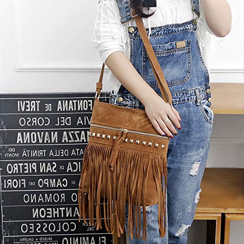 Image of Hoce Women's Leather Fringe Messenger Bag Large Hobo Crossbody Tassel Shoulder Bags, Gift for Mom Wife Girlfriend