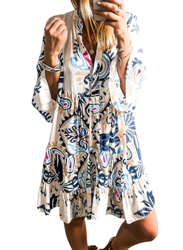 miduo Womens Summer Dress Casual V Neck Buttoned 3/4 Sleeve Bohemian Tribal Print Flowy Mini Dresses