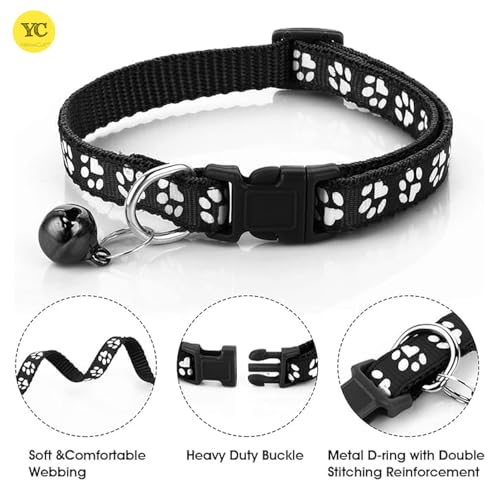 Image of YellowCult Dog /Cat Collar Leash Set with Adjustable Soft Nylon Paw Print Pet Collar for Cats, Puppies, Small Dogs, Fat Rabbits Walking Training, Bell & Quick Release Buckle Safety Lock -[Black]