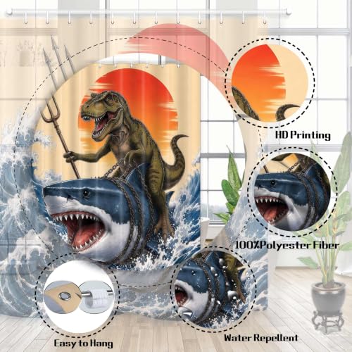 Image of Boziqr Funny Dinosaur Shower Curtain, Cool Dinosaur Shark Ocean Wave Decor Fabric Bathroom Curtains, Fun Animals Fabric Bath Curtain with 12 Hooks 60 X 70 Inch