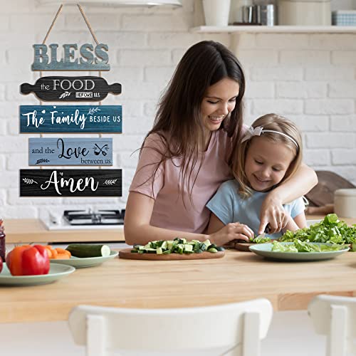 Geetery Bless The Food Before Us Wall Decor Farmhouse Kitchen Decor Rustic Dining Room Wall Art Vintage Country Wooden Hanging Sign(Farmhouse Blue)