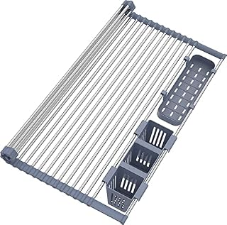 KissDate Extra Large Expandable Roll Up Dish Drying Rack Up to 22.8''with 2 Storage Baskets,Over The Sink Kitchen Rolling up Dish Drainer Dish Drying Rack in Sink, Foldable,Rollable