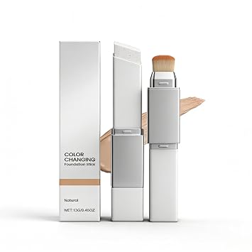 Color Changing Foundation Stick, 2-in-1 White Foundation Stick, Matte Finish Dual-Ended Foundation Makeup Stick with Brush, Long Lasting, Waterproof, Oil-controlNatural