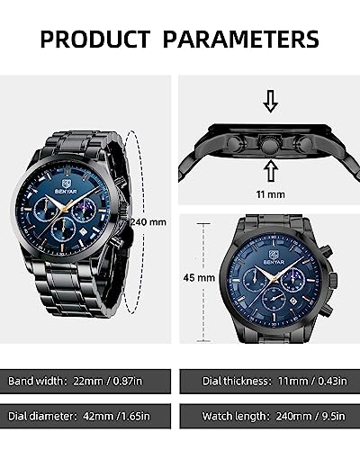 BENYAR BENYAR by Herrenuhr Uhren Herren Wasserdicht Herrenuhren Chronograph m?nner Armbanduhr für Herren Eleganz Lederarmband/Edelstahl Quarz Geburtstags/Weihnachts Gold/Silber/Blau/Schwarz - Zusatzansicht 4 | Uhren