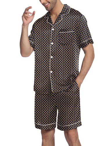 Image of Ekouaer Mens Satin Pajamas Set Button-Down Short Sleeve Shirt Top Soft Silk Sleepwear Shorts with Pockets