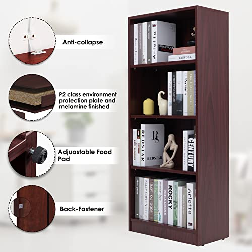 Image of Sunon 4 Shelf Wood Bookcase Freestanding Display Shelf Adjustable Layers Bookshelf for Home Office Library Small Narrow Space (Mahogany, 4-Layers)