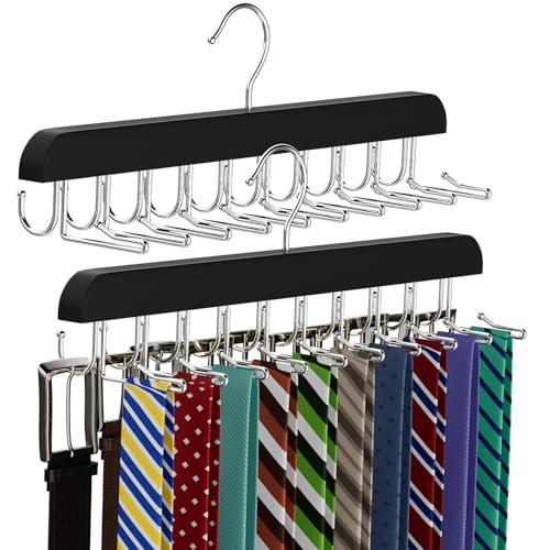Perchero de corbata y cinturón 2 en 1, ahorro de espacio, 20 ganchos para armario, máximo 30 cinturones con capacidad de 30 lazos, ganchos de madera para organizador de armario (1, negro)