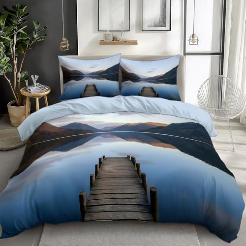 Sky Blue Duvet Cover Twin Size 2 Pieces Scenic Lake Wooden Bridge, Bedding Room Decor Bedspread for Kids Teens, Comforter Quilt Cover Bedding Set with Pillow Sham
