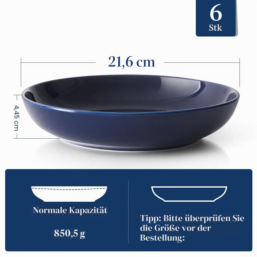 Y YHY Tiefe Teller 6er Set, 21,6 x 4,5cm Tiefe Essteller, Suppenteller, Salatschüsseln, Pastaschüssel für 6 Personen, Große Speiseteller Porcelain für Pasta, Gulasch, Suppen und Salat-880ml, Blau Matt