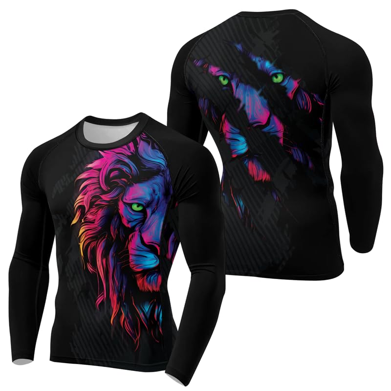 Lion Rash Guard Compression Shirt Men’s Long Sleeve Baselayer Athletic Fight Wear Jiu Jitsu MMA BJJ Training