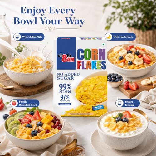 Image of 8AM Corn Flakes 500 Gram, No Added Sugar, 97% Corn, 99% Fat Free, No Cholesterol, Trans Fat, Artificial Additives, Vitamins B1, B2, B3, B6, B9, Iron, Calcium, Breakfast Cereal