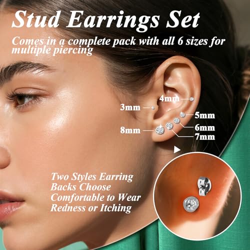 Hypoallergenic Stud Earrings for Women Men Set - 6 Pairs 20G Gold/Silver 316L Stainless Steel Cubic Zirconia Earrings for Tragus/Helix/Cartilage Earrings Multiple Piercing Small Stud CZ 3-8mm3