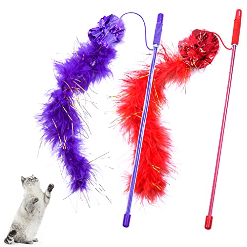 Smatime Jouet à Plumes pour Chats, 2PCS Jouet Interactif pour Chat avec Couleur Violet et Rouge,30cm Bâton de Chat Drôle pour Animaux, Jouets Chat Intérieur pour Améliore Intelligence et Réactivité