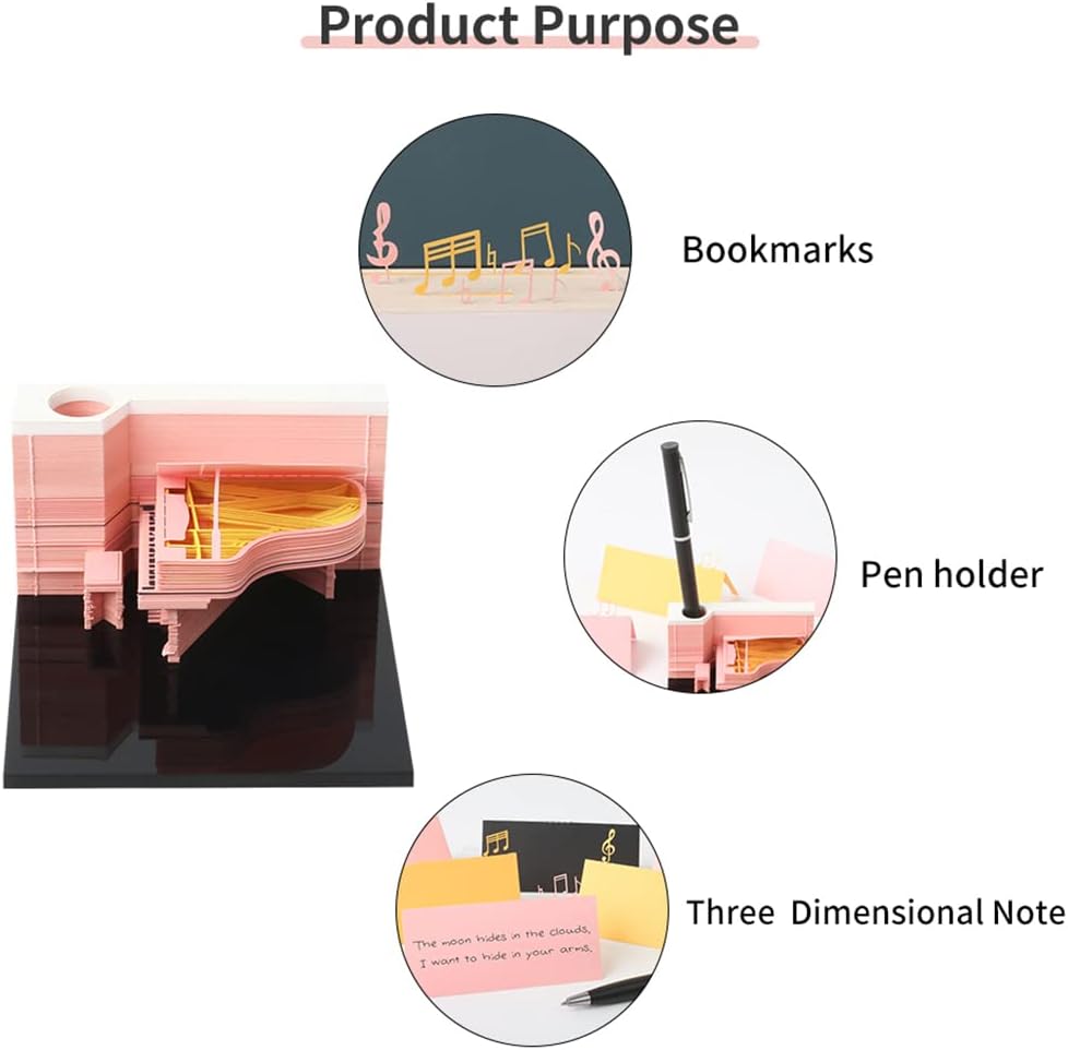 3D Paper Note Piano Model Sticky Notes Paper Art Three-Dimensional Piano Memo Pad DIY Stickers Bookmark Pen Holder Creative Gift (White)