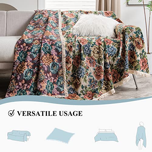Stacypik Farmhouse Vintage Floral Sofa Cover For Pets Scratches,Gorgeous Retro Sectional Couch Covers Living Room Tassel Boho Couch Protector For Recliner Chair Futon Sofa Slipcover Blanket-71X118In #TOP3