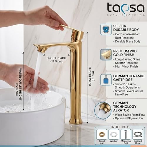 Image of Tapsa Kubix Series Gold Tap | Golden Tap | PVD Coated Tall Pillar Cock Tap /Basin Tap with Long Spout & 12 Inch Tall Body Tall Boy Extended Pillar Tap Faucet