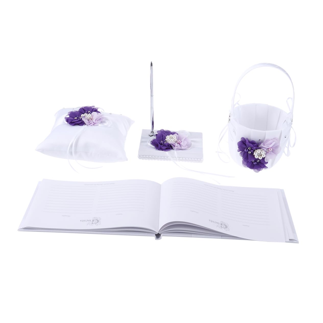 Gadpiparty 4pezzi Matrimonio Cuscino Per Anelli e Cestino Di Fiori Con Quaderno e Portapenna Per Sposa Colore Taro e Fiori Elegante Decorazione Per Cerimonia Nuziale