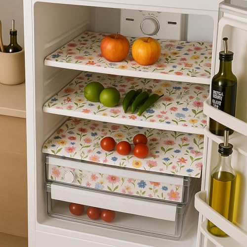 Image of WWW.THROWPILLOW.IN 250-400L Double Door Fridge Tray Mats |Spring Floral Fabric Liners for Refrigerator Main Trays, Veg Drawer & Bottle Racks|450 GSM, Non-Plastic, Machine Washable, Durable|10 PC