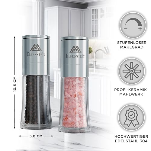Foto von ELFENSTEIN Edelstahl Salz und Pfeffermühle Set mit Keramikmahlwerk - stufenlos einstellbar, Pfeffer und Salzmühle für grobes Salz, Gewürzmühle, Mühlenset (Silber M)