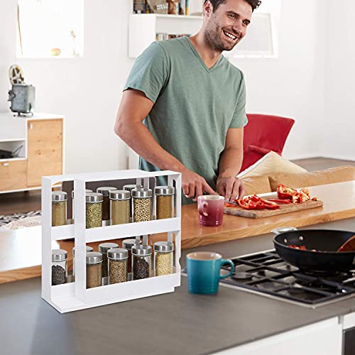 Rotating Spice Rack Plastic Seasoning Spice Jar Rack Storage 2 Tier Pull Out Kitchen Cabinet Organiser Slide Salt Bottle Box Holder Shelf Counter Spice Stand Multi-Function Pantry Door Storage - White #TOP6