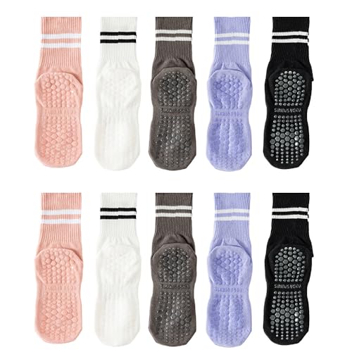 NOIAFZY 5 pares de calcetines de yoga antideslizantes para mujer, con patrón de doble rayas, de poliéster, para ejercicio, ballet, ropa atlética