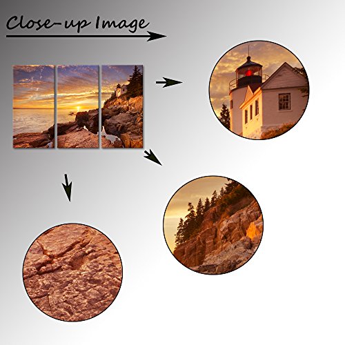 3 Panels Canvas Art Wall Decor The Usa Bass Harbor Head Lighthouse With Sunset Landscape Picture Prints On Canvas Framed For Living Room Home Decor Ready To Hang 16"X32"X3 #TOP5